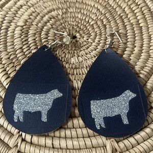 Black and Silver Leather Teardrop Show Steer Earrings